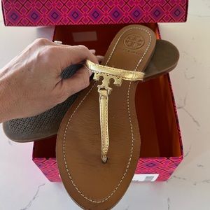 Tory Burch, Gold T logo sandals, 8.5, gently worn, in box